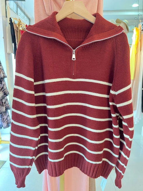 Heavy Knitted Collar Zip Stripes Pullover